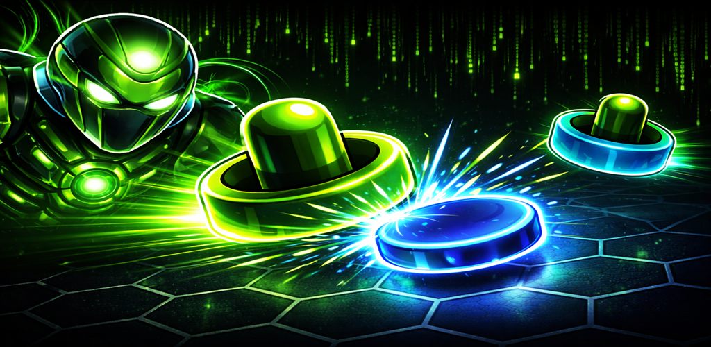 Air Strike Arcade key art showing the robot character and glowing hockey pucks
