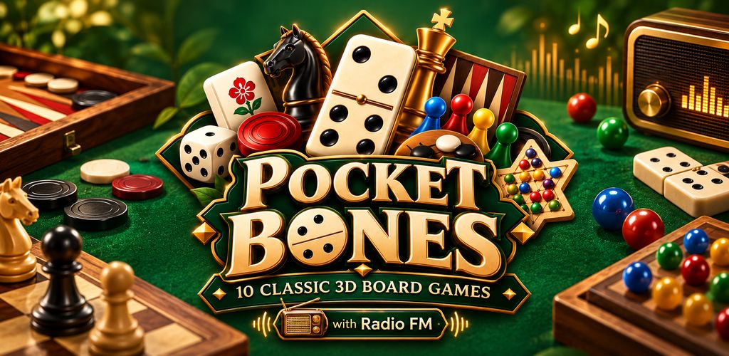 Pocket Bones key art with dominoes, chess pieces, checkers, dice and a vintage radio on a green felt table