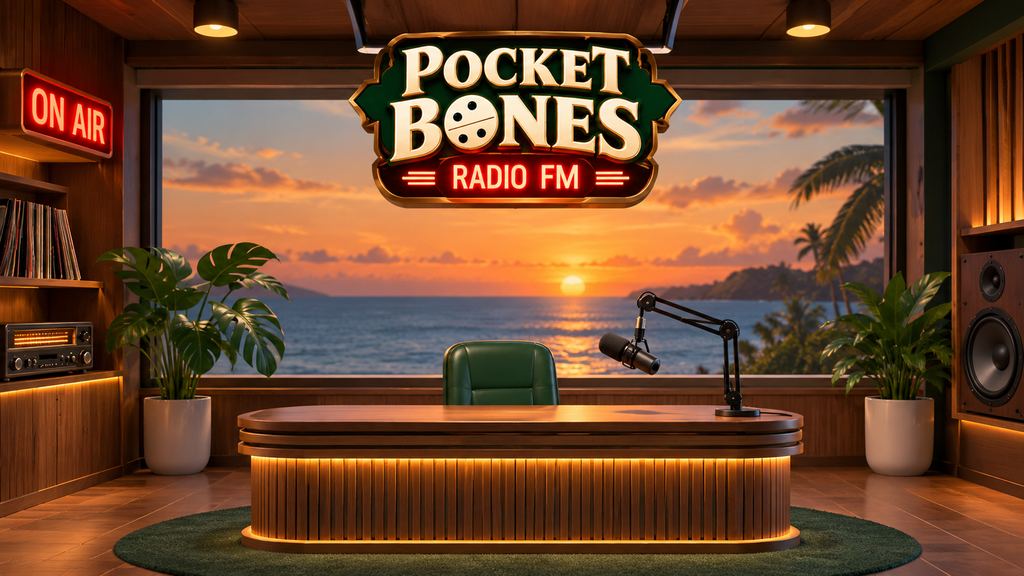 Pocket Bones Radio FM studio with a microphone, an on air sign and a sunset over the water