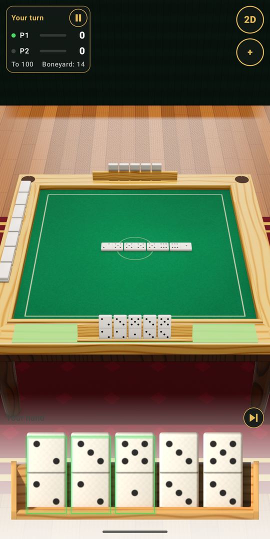 A domino match on a green 3D table, with the player's tiles in a wooden rack