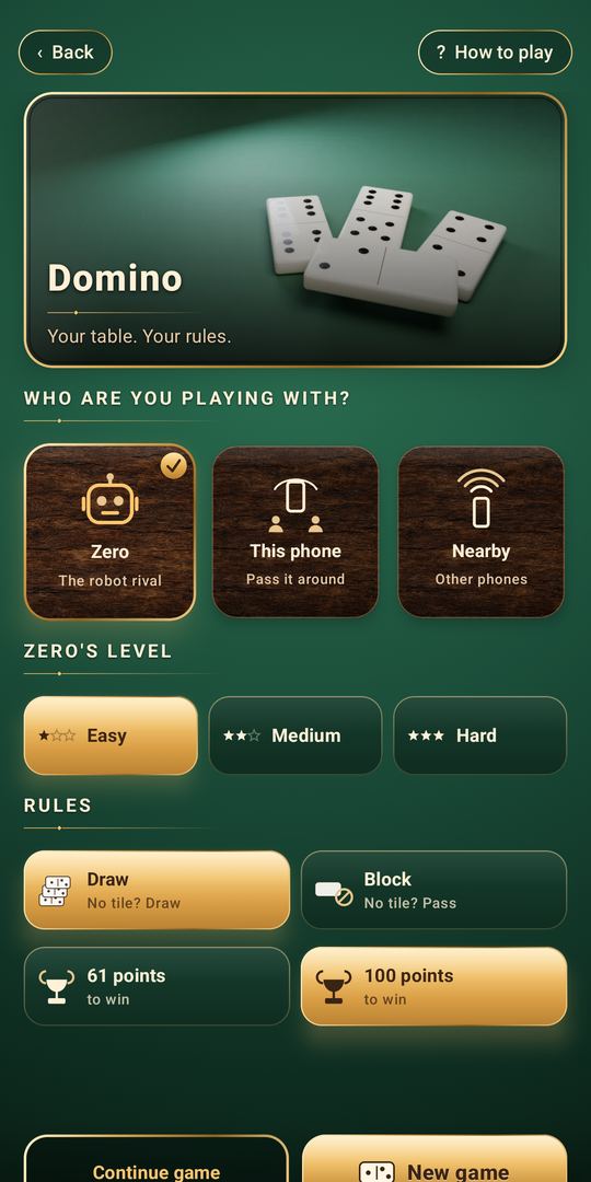 Domino game setup in Pocket Bones, asking who you are playing with: Zero, this phone or nearby