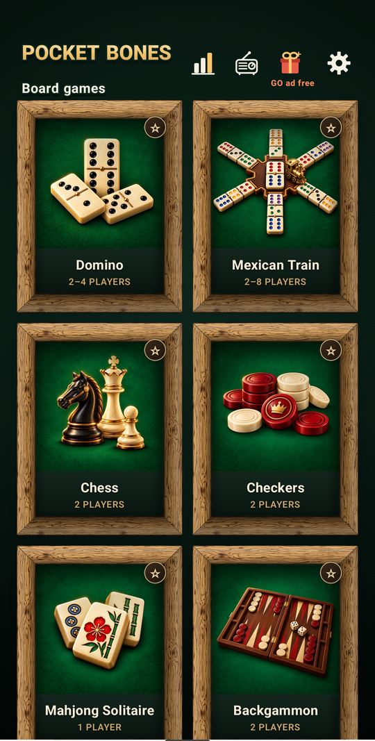 Pocket Bones home screen with the board game menu: Domino, Mexican Train, Chess, Checkers, Mahjong Solitaire and Backgammon