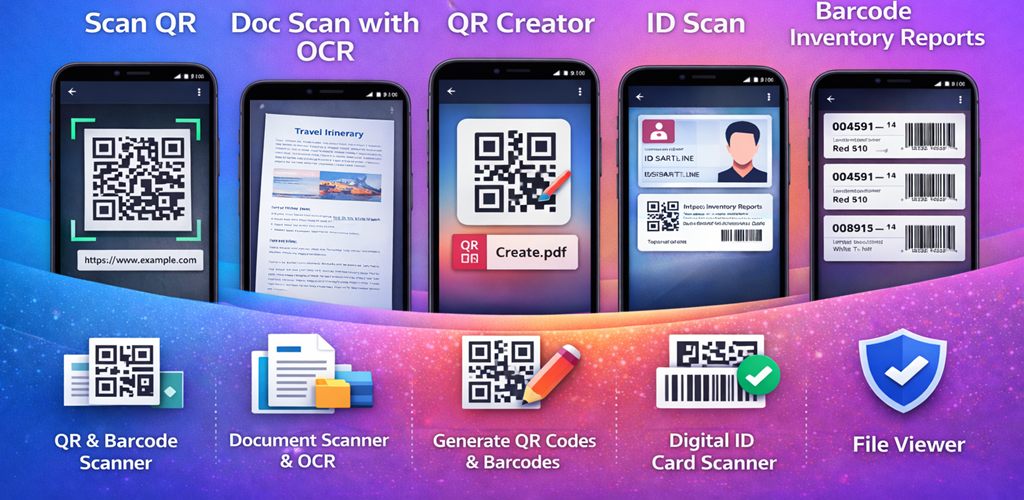 QR Decoder app screens showing QR scanning, document scanning, QR code creation, ID scanning, and barcode inventory tools