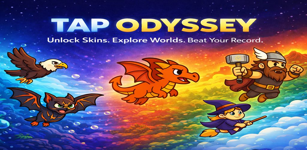Tap Odyssey title art with the eagle, bat, dragon, viking, and witch characters